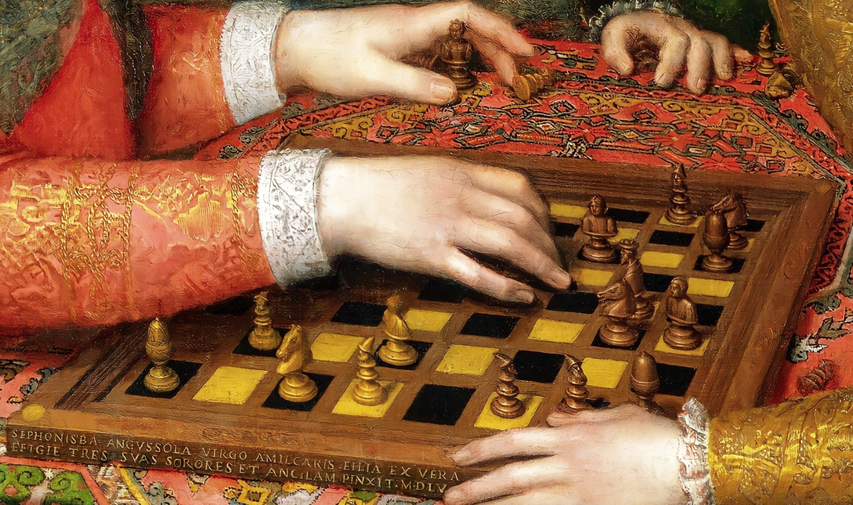 The artist's two sisters playing with wooden chess pieces.