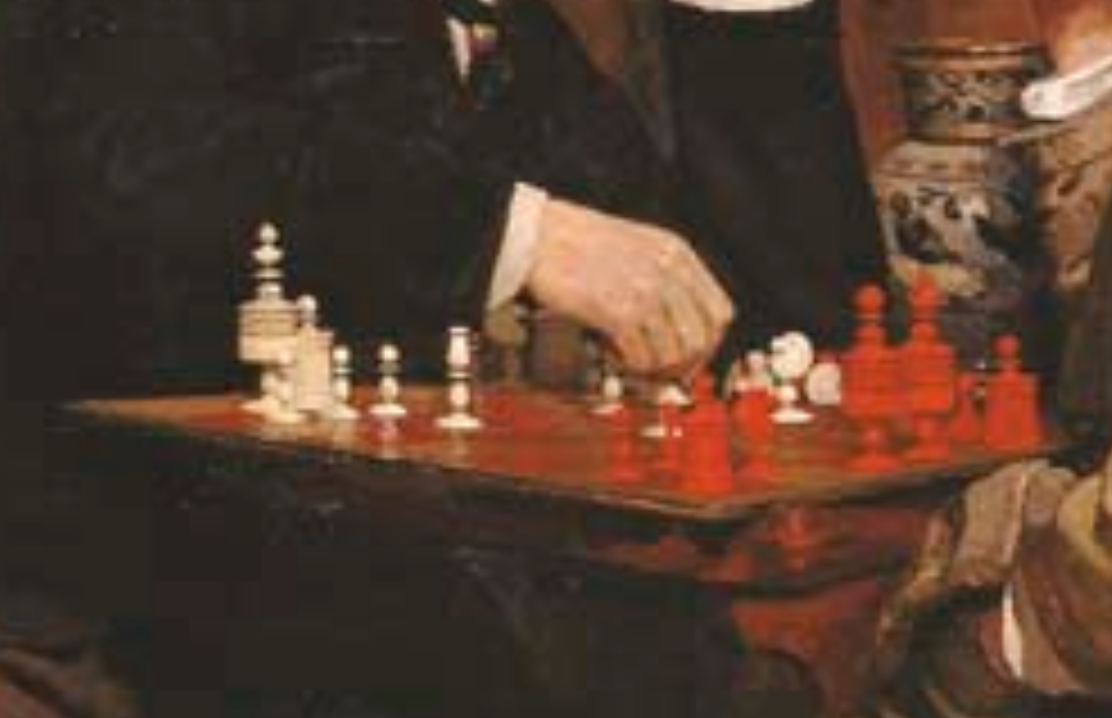 Detail from The Chess Game (1878). Two men play with white and red barleycorn pieces in front of a vase.