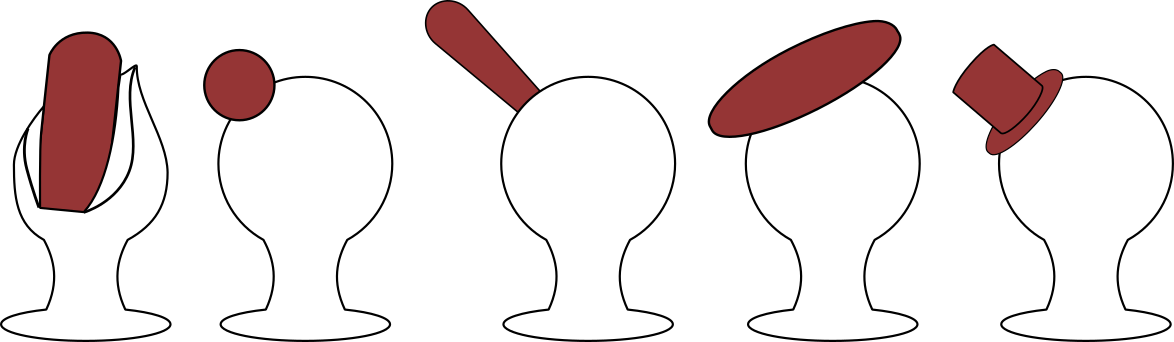 A cartoon of different Biedermeier bishop 'hats': emerging from the middle of the bishop's head like a carpel in a flower, as an orb off to one side, as a baton sticking out at an angle like a feather, as a disk sitting askew like a beret, and as a miniature top hat at an angle.