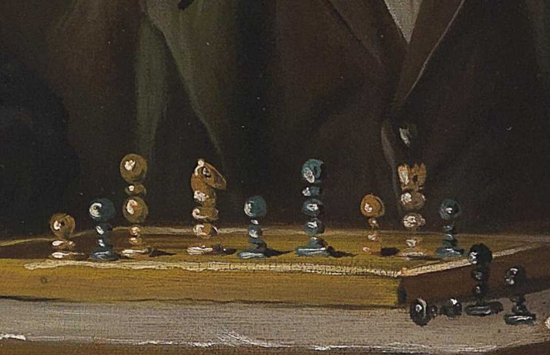 A close up of a chess board with Biedermeier pieces.