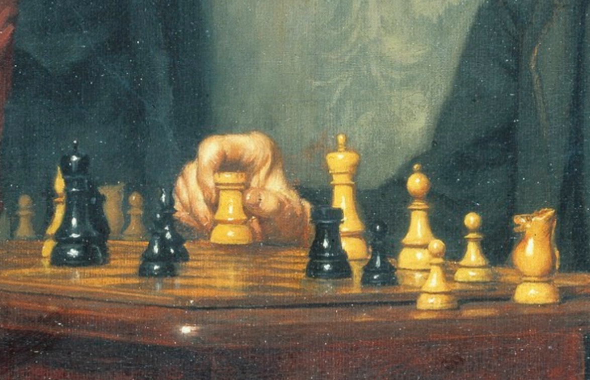 A black and honey Dublin chess set, in mid-game. A player is moving a rook.