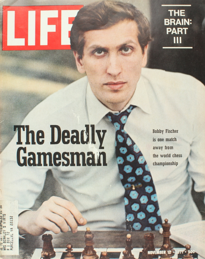 Bobby Fischer and Dubrovnik chessmen on the cover of Life magazine, 12 November 1971.