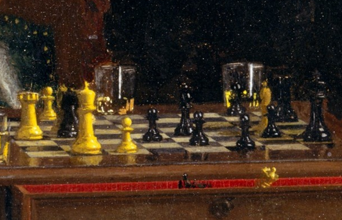 A Staunton chess set, mid game, in front of two glasses of scotch. Two taken pieces are poking out of a draw in the side of the chessboard.