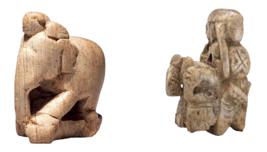 Left, a photo of a stone elephant chess piece, right, a photo of an Afrasiab-style chariot piece.