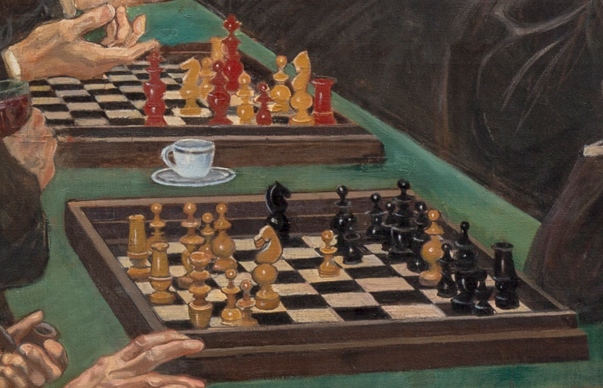 Detail from The Chess Players (1913). Several figures are playing chess at two chess boards, either side of a cup and saucer. One set has red and cream pieces, and the other black and cream pieces.