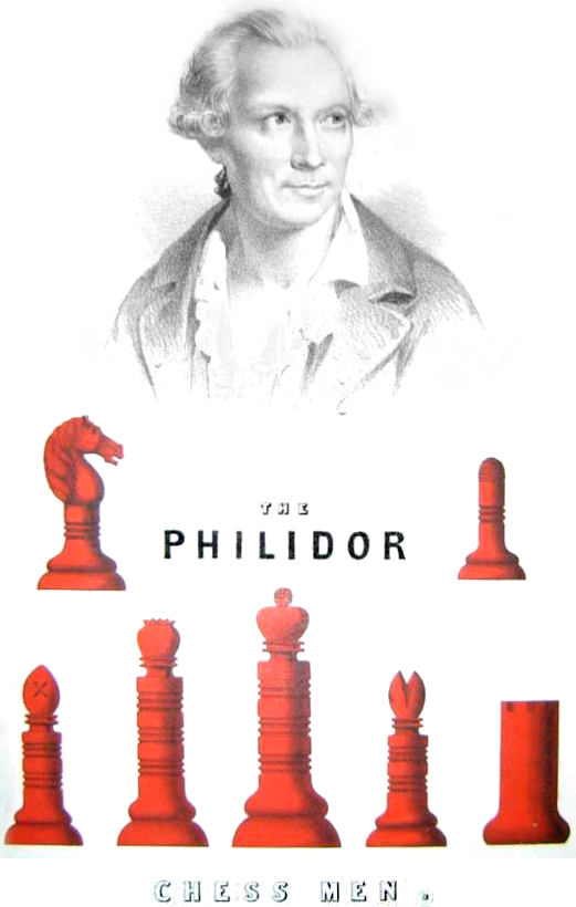 An engraving of Philidor above a set of chessmen, in red. The text reads, 'THE PHILIDOR CHESS MEN.